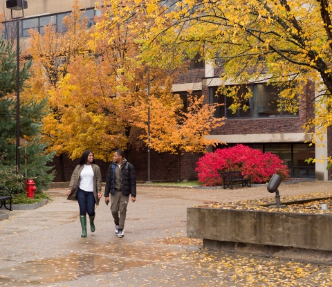 Fall campus quad with two students