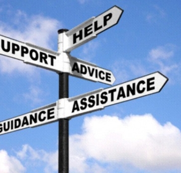 Road sign with words "Help," "Support," "Advice," and more.