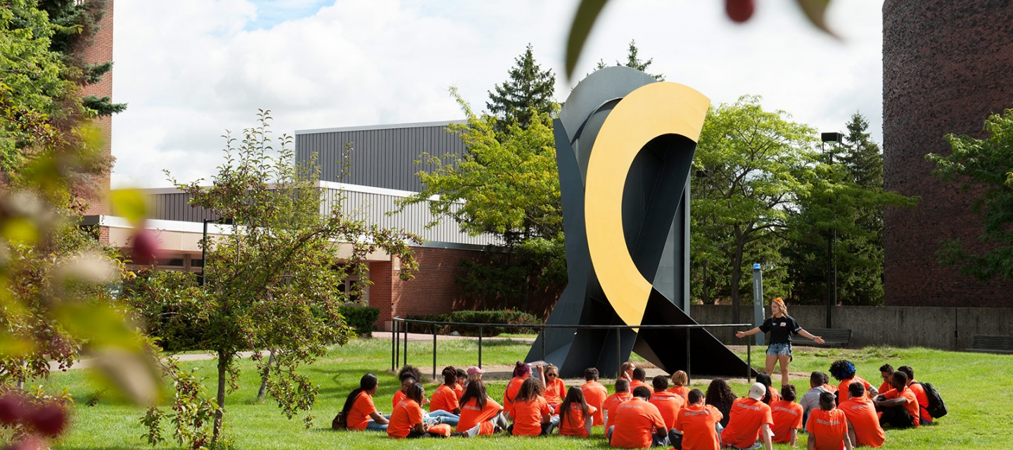 Students at orientation outside at Upton